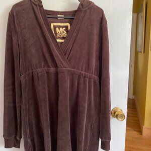 MICHAEL KORS Brown Velour L/S V-Neck Hoodie Tunic Top - Large